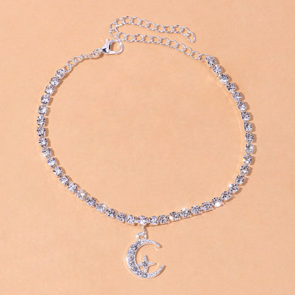 Star Moon Anklet with sparkling embellishments and crescent moon charm, crafted from durable zinc alloy.