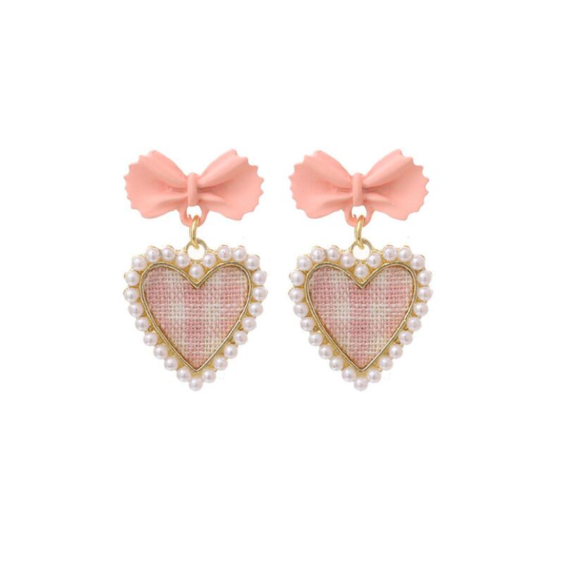 Checked Heart Bow Earrings