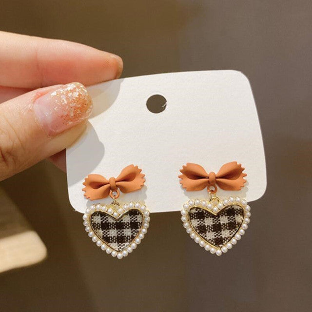 Checked Heart Bow Earrings