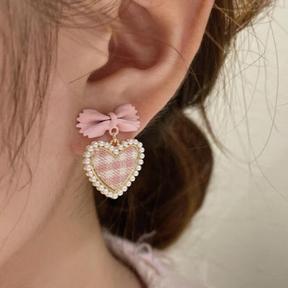 Checked Heart Bow Earrings