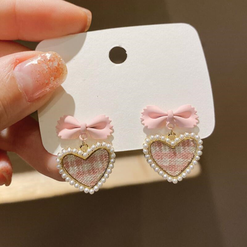 Checked Heart Bow Earrings