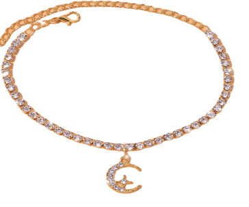 Star Moon Anklet featuring a gold chain design with a crescent moon charm, adorned with sparkling rhinestones.